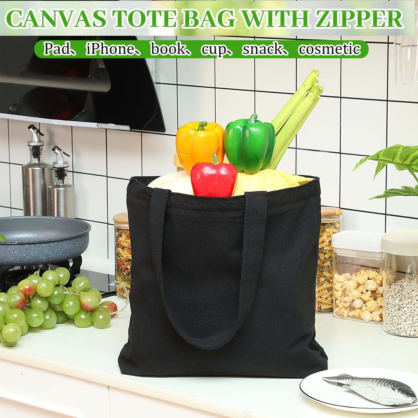 20pcs Canvas Grocery Bag Bulk Blank Tote Bags Reusable Plain Shopping Handbag 16.5 x 13 in Multi-Purpose Bags Black